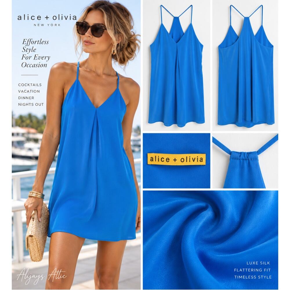 Alice + Olivia Silk Mini Dress Blue Racerback Strappy V Neck Cocktail Resort L